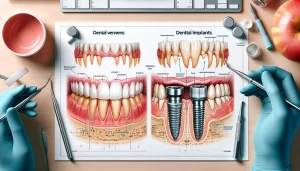 Educational comparison of Conyers dental veneers and dental implants, showcasing application processes and anatomical differences
