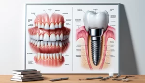 Comparison diagram of Conyers dental veneers and dental implants, highlighting key differences in application and structural design